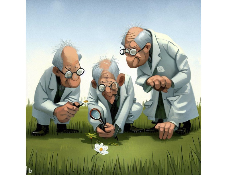 far side cartoon style of scientists looking at flower